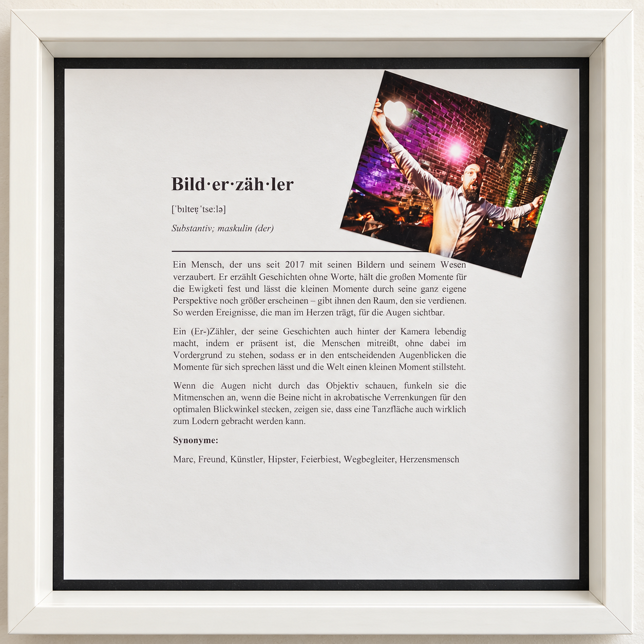 Gerahmte persönliche Definition des Bilderzählers, ein Geschenk von Nadja und Steffen